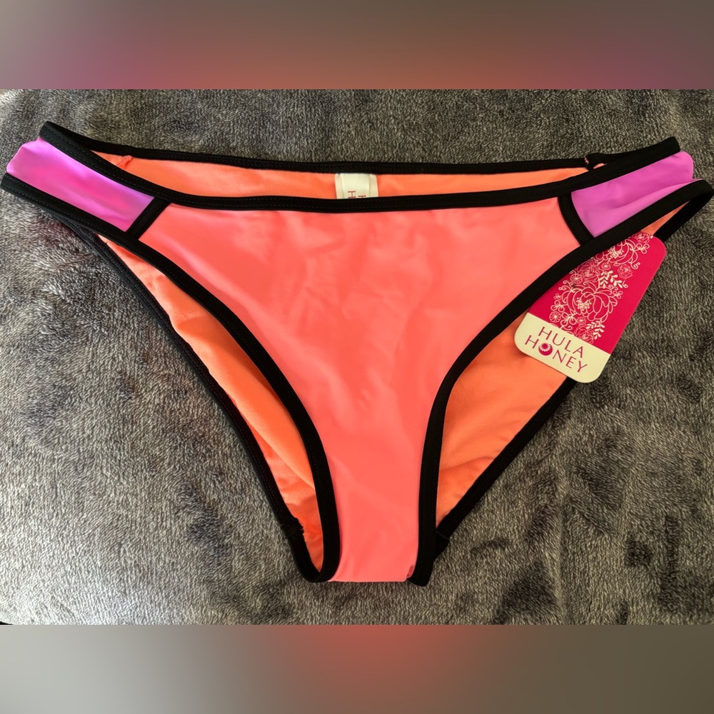 Honey Hula Neon Orange Bikini Bottoms with Pink in size Large